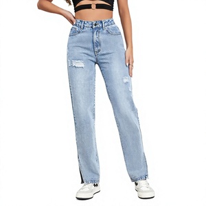 Jeans de Pierna Recta de Cintura Alta Personalizados para Mujer |   Pantalones Vaqueros Tejidos Transpirables con Lavado Enzimático Ecológico |   Vaqueros casuales con abertura lateral - Product Image 6