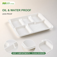 Barquette jetable en bagasse à 5 compartiments / Assiette rectangulaire compostable en canne à sucre, récipient alimentaire étanche et compatible congélateur