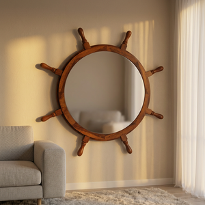 CH Round Wooden <b>Ship</b> <b>Wheel</b> Mirror Vintage Style Home Decor Wall Art for Living Room or Office - Product Image 1