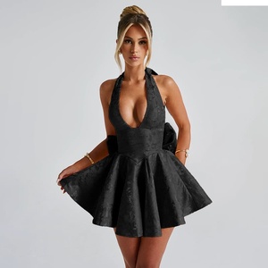 Mini Vestido Rodado Elegante de Verão para Mulheres com Laço Grande, Espartilho, Jacquard, Frente Única, Costas Abertas e Decote V Profundo para Coquetel - Product Image 2