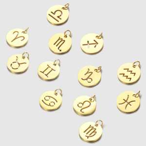 Bijoux Horoscope personnalisés, pendentif en acier inoxydable plaqué or 14K, breloques à disque creux 12 signes du zodiaque pour collier DIY - Product Image 1