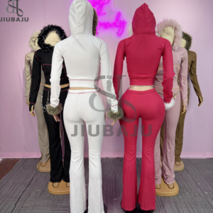 Pantaloni Waffle autunno inverno svasati due pezzi set cappotto e pantaloni con cappuccio da <span class=keywords><strong>donna</strong></span> - Product Image 2