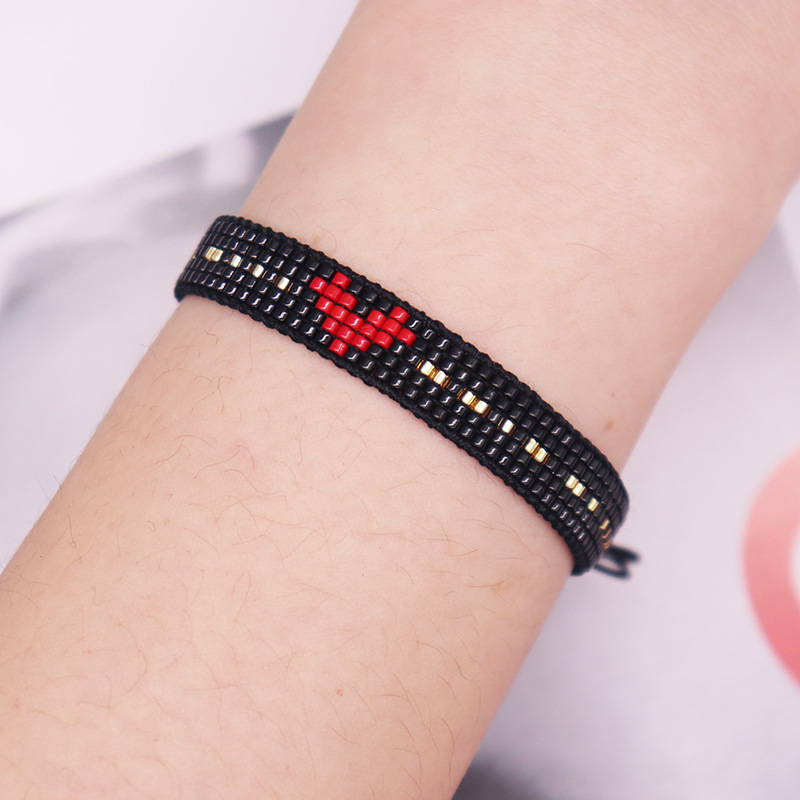 B4647 Miyuki Beads Heart Bracelet Black Red Beaded Bracelet