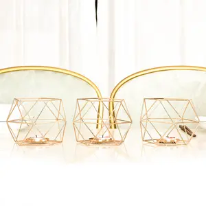 Suporte de velas de latão geométrico, suporte de velas em formato de hexágono rosa dourado e com design geométrico