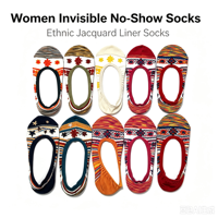 Chaussettes invisibles ethniques en jacquard pour femmes, chaussettes antidérapantes, chaussettes rétro à rayures florales, chaussettes cachées pour femmes, logo personnalisé