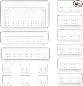 Juego de 15 Organizadores de cajones de plástico transparente, <span class=keywords><strong>organizador</strong></span> de cajones de 4 tamaños, contenedores de almacenamiento para <span class=keywords><strong>maquillaje</strong></span>, dormitorio, utensilios de cocina y oficina - Product Image 1