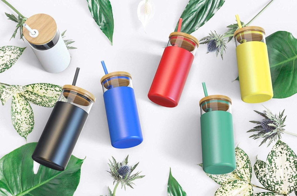 20oz Glass Tumbler Glass Water Bottle Straw Silicone Protective Sleeve Bamboo Lid