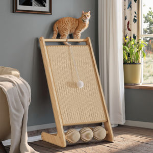 Rascador para Gatos en Forma de L, Sostenible, de Madera/MDF en Ángulo, con Tres Bolas de Sisal, Estilo Básico - Product Image 1