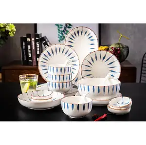 Penjualan Laris Set Piring dan Mangkuk Bulat Makan Malam Porselen Keramik Gaya Jepang dengan Sendok