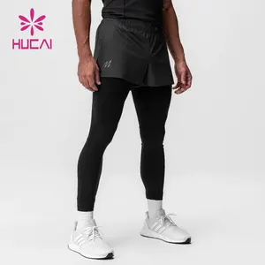 HUCAI定制双层运动尼龙锻炼训练二合一侧裂男士跑步打底裤短裤