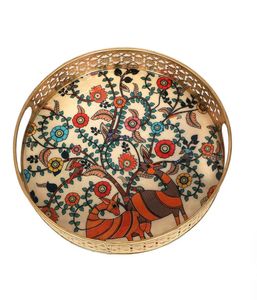 Bandeja Decorativa Redonda con Diseño Floral y Animal, Estilo Bohemio, con Asa de Metal Artesanal - Product Image 3
