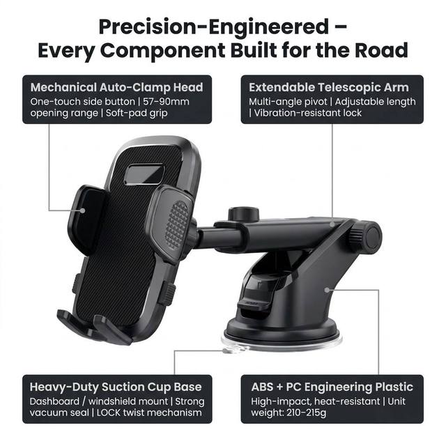 Car Phone Holder with Extendable Arm Dual Mounting Optionsd, Anti-Slip Grip, Perfect for GPS Navigation Hands-Free Calls