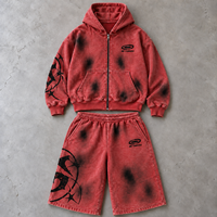Ensemble survêtement homme vintage délavé à l'acide avec sweat à capuche zippé et short, imprimé graphique oversize, streetwear, 2 pièces, short long 3/4