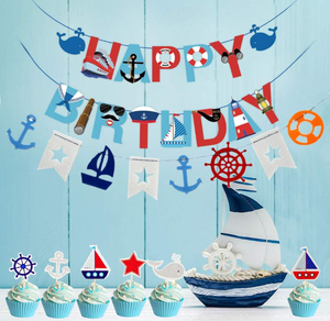 Decoración para Fiesta de Cumpleaños Náutica, Banderines de Feliz Cumpleaños, Ancla, Velero, Yate, Faro, Guirnalda, Adorno para Pastel, Globos - Product Image 3