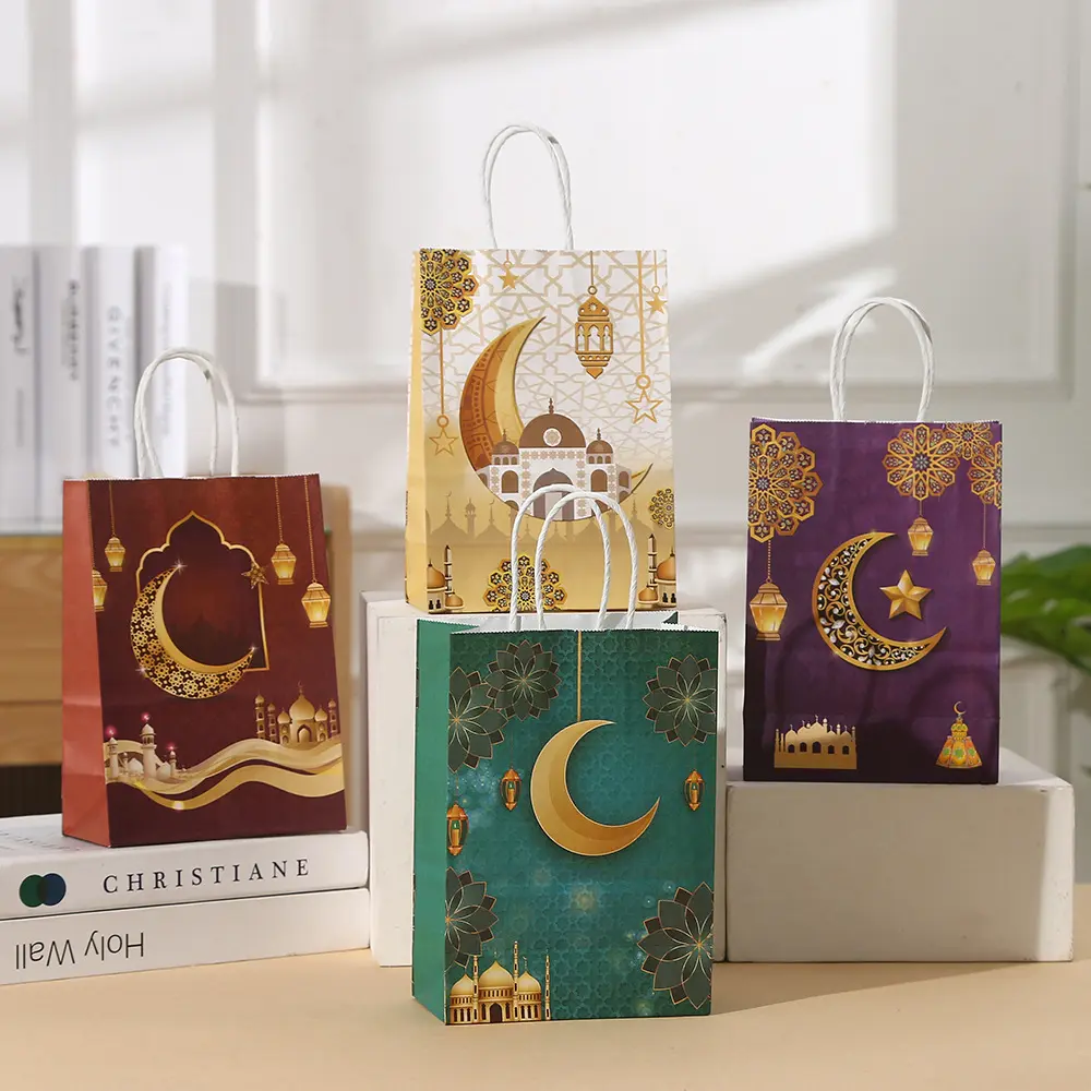 Kraft kağıt hediye çantası festivali kağıt torba Eid Mubarak şeker hediye keseleri müslüman İslam ramazan süslemeleri için kolları ile
