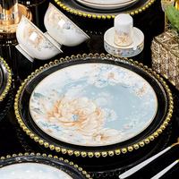Service de table en porcelaine fine à motif floral pivoine, bord doré, vaisselle ronde en céramique, compatible lave-vaisselle et micro-ondes, pour usage quotidien