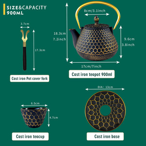 Set Teiera Retrò in Ghisa Nera <span class=keywords><strong>e</strong></span> Oro, Set Decorativo con Sottobicchiere <span class=keywords><strong>e</strong></span> <span class=keywords><strong>Tazze</strong></span> da Tè <span class=keywords><strong>per</strong></span> Casa, Cucina <span class=keywords><strong>e</strong></span> Sala da Tè - Product Image 2