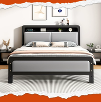 Tête de lit rembourrée avec rangement, cadre de lit king-size en métal, lit plateforme en acier robuste pour la décoration de chambre