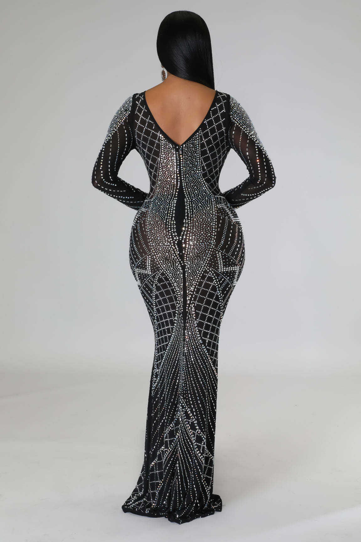 Elegant Rhinestone Party Dress - Black Long Sleeved Maxi