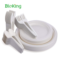 BioKing Factory Direct Ensemble de vaisselle en papier de bagasse biodégradable Assiettes jetables Couverts de canne à sucre pour les fêtes USA/Amérique