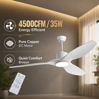 Ventilateur de plafond électrique silencieux à LED en plastique à 3 pales de 52 pouces, moteur BLDC en cuivre pur, débit d'air de 4500 CFM, 6 vitesses, télécommande/application, lumière de 30 W