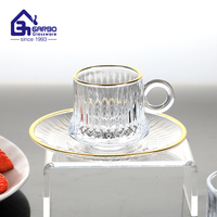 Ligne Design en relief 155ml tasse à thé et à café en verre avec bord doré pour boissons chaudes en gros petites tasses en verre promotionnelles en stock