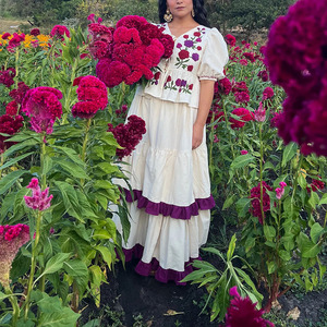 Custom Cotton 2-layer Pleated Skirt Features Ruffles Adjustable Waist with Two Ties <strong>Mexican</strong> Embroidery <strong>Dress</strong> - Product Image 2