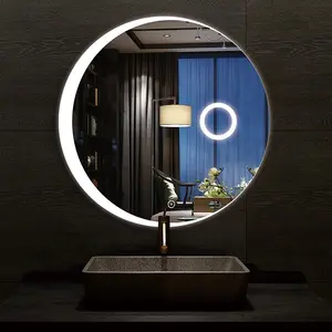 Espejo de baño inteligente LED montado en la pared grande de lujo, espejo de baño antivaho redondo, diseño de tocador de baño MDF con espejo