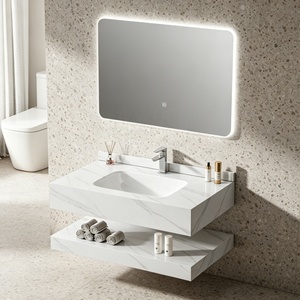 Mobile <span class=keywords><strong>Bagno</strong></span> di Lusso Impermeabile a Parete con Doppio Strato in Pietra Sinterizzata Effetto Marmo, Specchio LED e Lavabo in Ardesia per Villa - Product Image 3