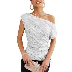 Blusa Elegante de Verano para Mujer, Manga Corta, Un Hombro Descubierto, Lentejuelas, Plisada, Corte Ajustado - Product Image 5