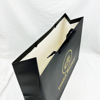 Logo personnalisé en feuille d'or de luxe estampage cadeau artisanal vêtement sac à provisions en papier noir sac en papier avec poignées en ruban