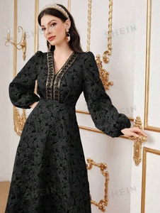 Telas tejidas de poliéster Floral Jacquard para hacer mujeres Patchwork Jacquard manga Floral A-line vestido ropa - Product Image 2