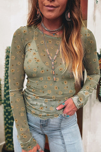 Dear-Lover Vente en gros Femmes Laurel Green Vintage Floral Print Southern Style Mesh Top à manches longues - Product Image 3