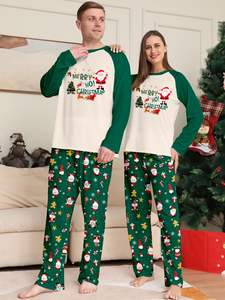 95% Polyester <strong>Christmas</strong> Family Matching <strong>Pajamas</strong> Green Round Neck Print Cozy Home Wear Comfortable Loungewear Sleepwear Set - Product Image 2