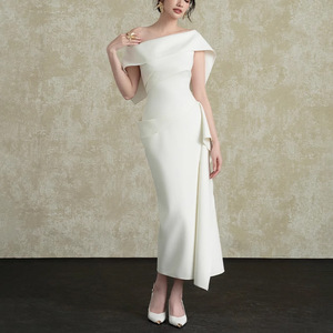 Abito Slim Fit Slim <span class=keywords><strong>con</strong></span> volant a collo inclinato della Socialite francese 2025 nuovo elegante abito <span class=keywords><strong>bianco</strong></span> <span class=keywords><strong>con</strong></span> <span class=keywords><strong>spacco</strong></span> - Product Image 1
