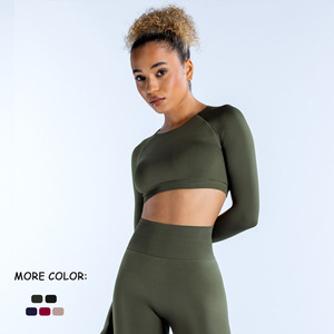 Conjuntos Deportivos para <span class=keywords><strong>Mujer</strong></span> de 2 Piezas, Ropa de Yoga de Manga Larga, Top Corto Acanalado sin Costuras, Leggings de Cintura Alta - Product Image 2