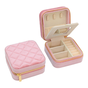 Customized <strong>Stitching</strong> Velvet Rings Earrings Necklace Jewellery Case Travel Make up Mirror Jewelry Organizer Zipper Jewelry <strong>Boxes</strong> - Product Image 3