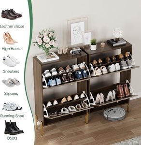 Meuble à chaussures en noyer avec portes texturées diagonales, 2 tiroirs rabattables, organiseur fin, étagère à chaussures étroite autoportante pour entrée - Product Image 4