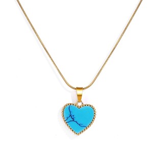 Kalung hati untuk wanita sintetis biru Turquoise bertatahkan warna emas Stainless Steel liontin hati kalung hadiah - Product Image 1
