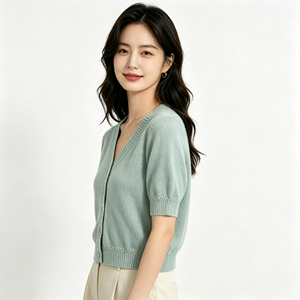 เสื้อสเวตเตอร์ถักแขนสั้นผู้หญิง สีพื้น ถักด้วยคอมพิวเตอร์ คอกลม น้ำหนักเบา ใส่ได้ทุกวัน - Product Image 5