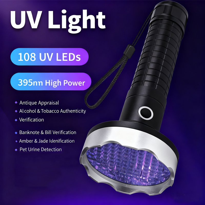 AA Battery Powered Professional 395nm 108 LED UV Black Light Scorpion Detector Aluminum Alloy Ultraviolet UV Flashlight