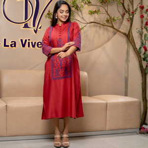 Premium Quality Wholesale Durable Embroidery Button Detail Casual Rayon Anti-Wrinkle Full Sleeve Elegant Dress for Women - Product Image 1