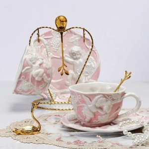 ชุดน้ำชาเซรามิกสีชมพูสไตล์ยุโรปกล่องของขวัญสำหรับคนรักกาแฟและชา - Product Image 5