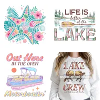 Autocollants DTF thermocollants lavables prêts à poser pour vêtements, motifs floraux, côtiers, plage, été, vie marine, bateau, lac, ambiance de voyage