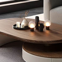 Ensemble de tables basses ovales rotatives en noyer de luxe moderne, tables d'appoint pivotantes en cuir pour salon