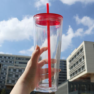 Vaso transparente de tapa plana preperforada de acrílico de plástico con aislamiento de doble pared de 24oz vaso en blanco de colores mezclados con tapas y pajitas - Product Image 1