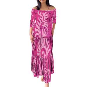 Nuovissimo abito polinesiano personalizzato <span class=keywords><strong>Elei</strong></span> tribale Plus Size a strati Sexy con spalle scoperte a pieghe abito hawaiano a maniche 3/4 - Product Image 3