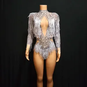 Mono Sexy con borlas y diamantes de imitación para mujer, leotardo de una pieza para actuaciones en escenario, baile en barra, para fiesta y Club