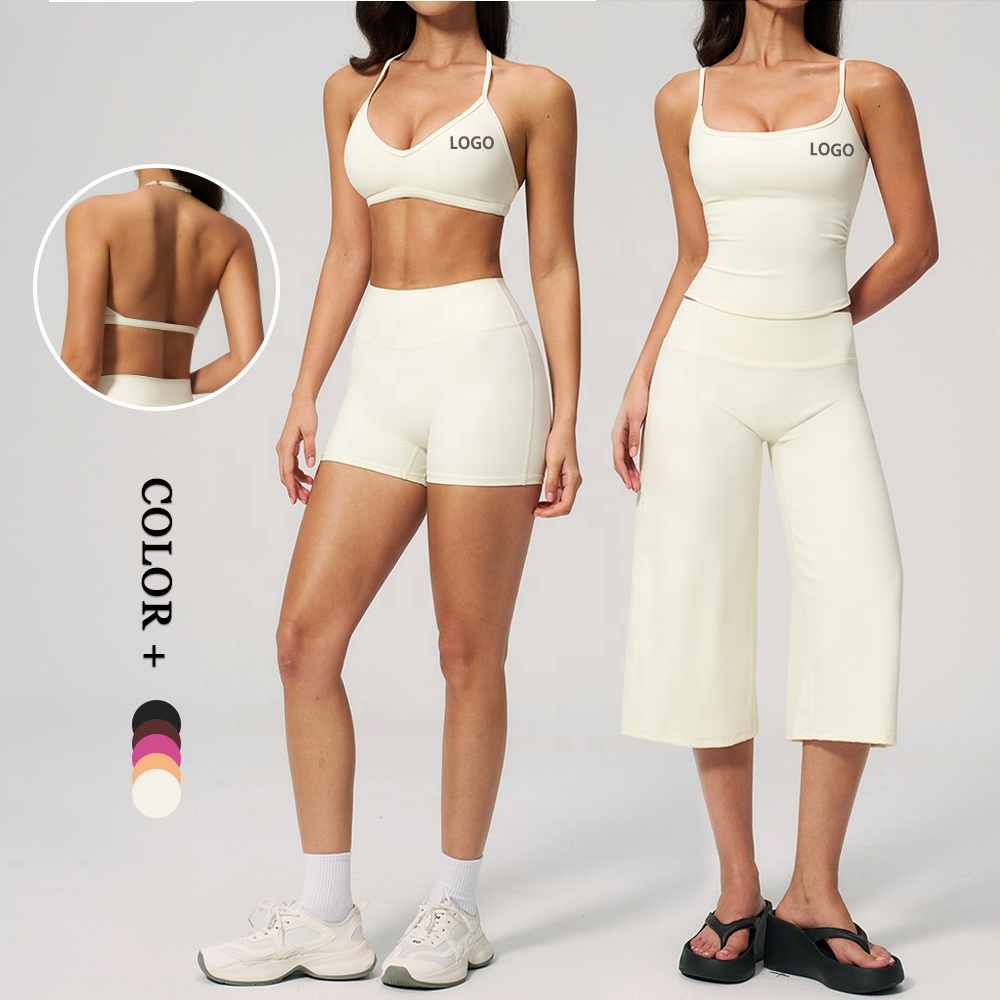 Quick Dry 4 Piece Set Women Gym Sets V Neck Padded Hollow Back Bra Capri Flared Leggings Sleeveless Tank Top Athlesure Sets