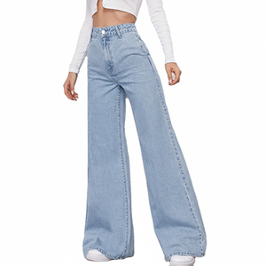 Gran oferta, Pantalones vaqueros de cintura alta, Pantalones rectos de pierna ancha, pantalones vaqueros de moda de mezclilla lavados azul claro, pantalones vaqueros holgados personalizables - Product Image 1